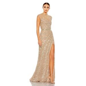 Mac Duggal 5619 Beige Embellished Illusion High Neck Cap Sleeve Gown in Nude 4